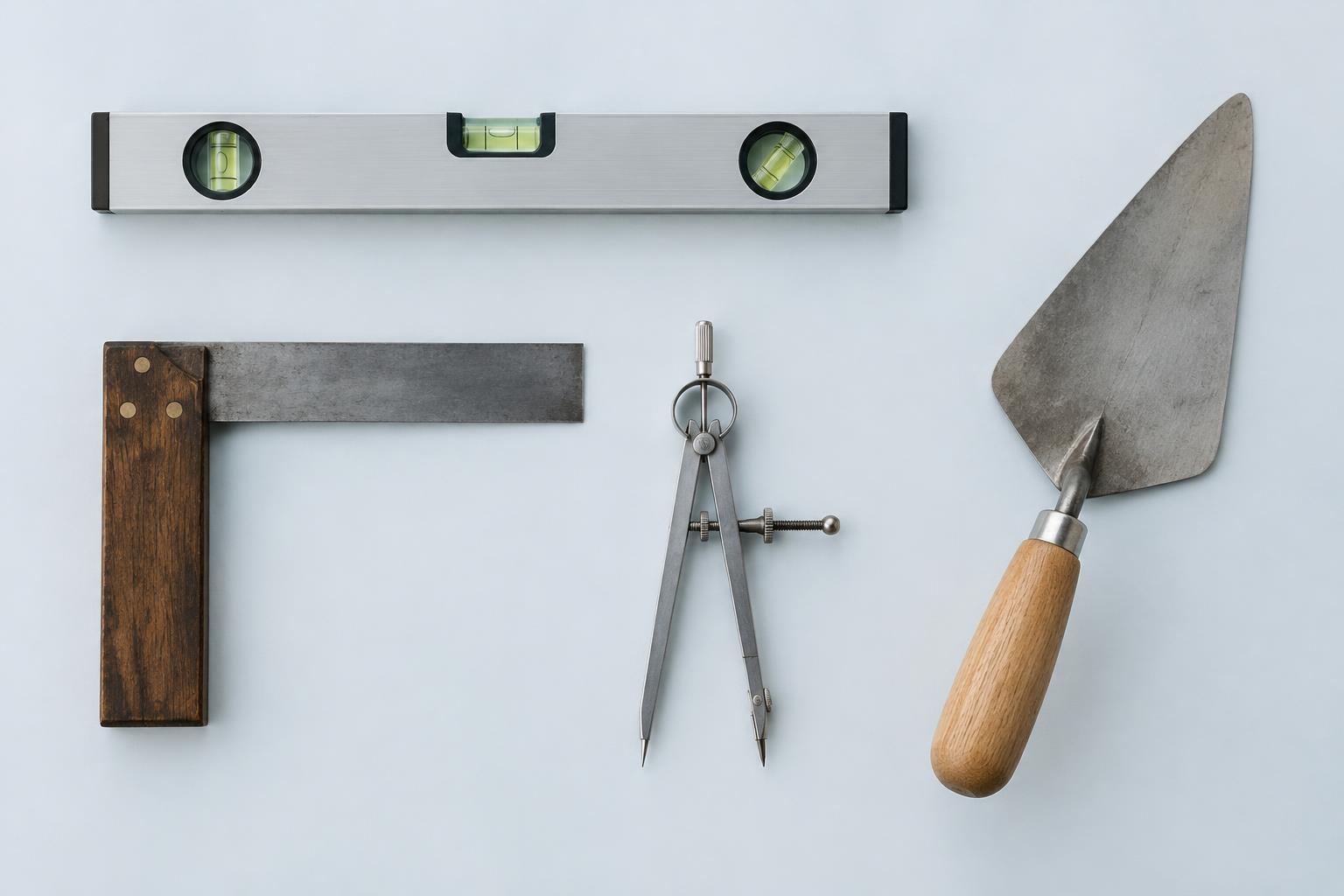 A level, a try-square, a compass and a trowel laid out neatly